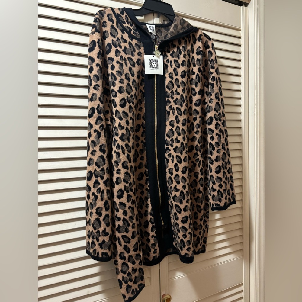 NWT Anne Klein Black and Tan Leopard Print Zip Up Sweater XL